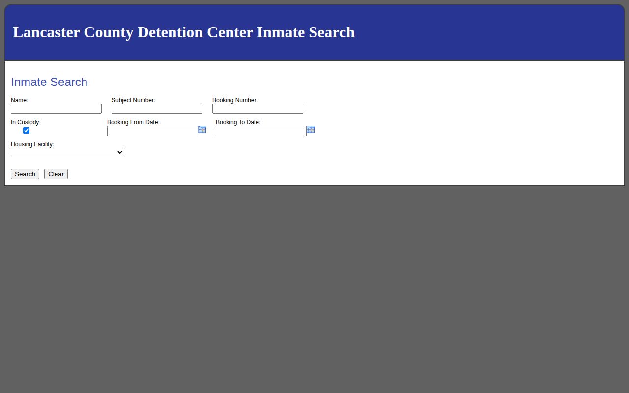 Lancaster County Detention Center roster search controls for current custody and booking records