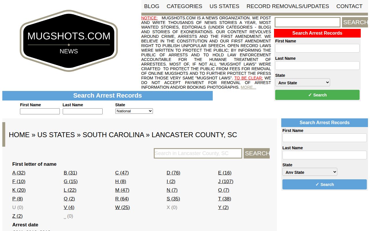 Historical Lancaster County Mugshots.com secondary county page