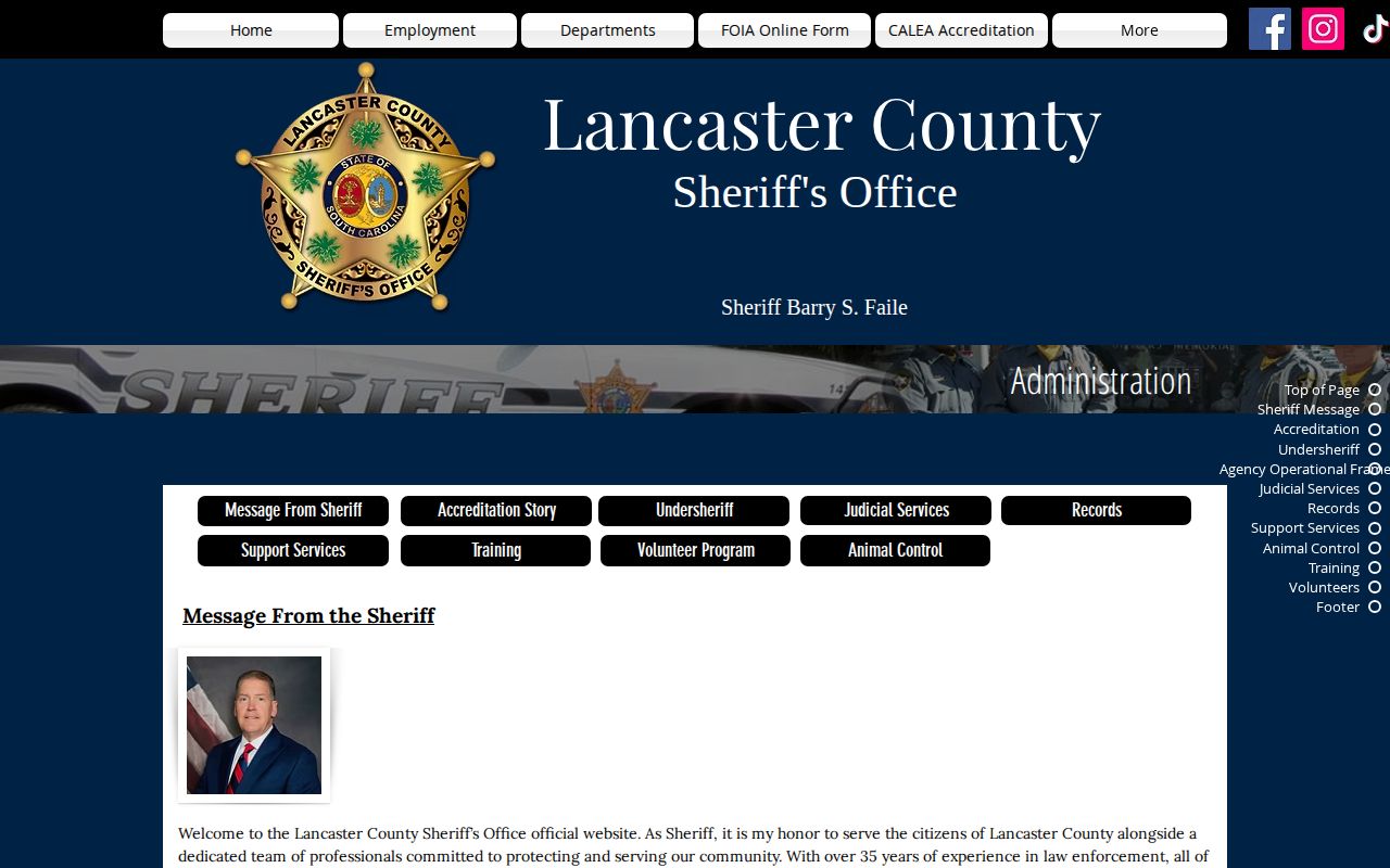 Lancaster County Sheriff’s Office administration page with warrant-contact information